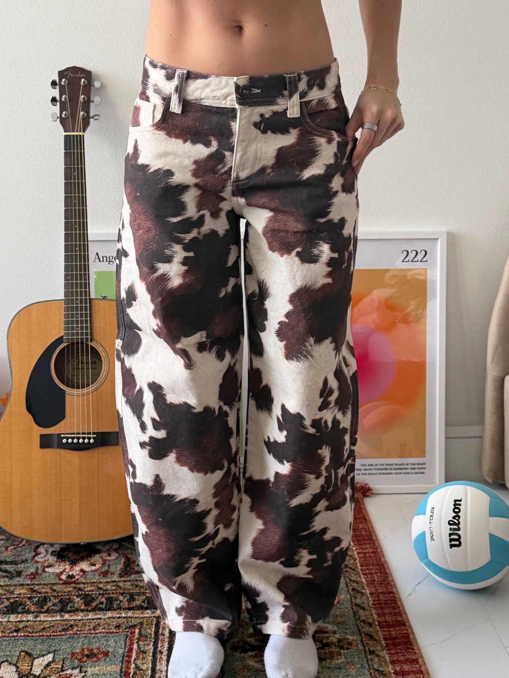 Cow Print Wide Leg Jeans - Brown & White